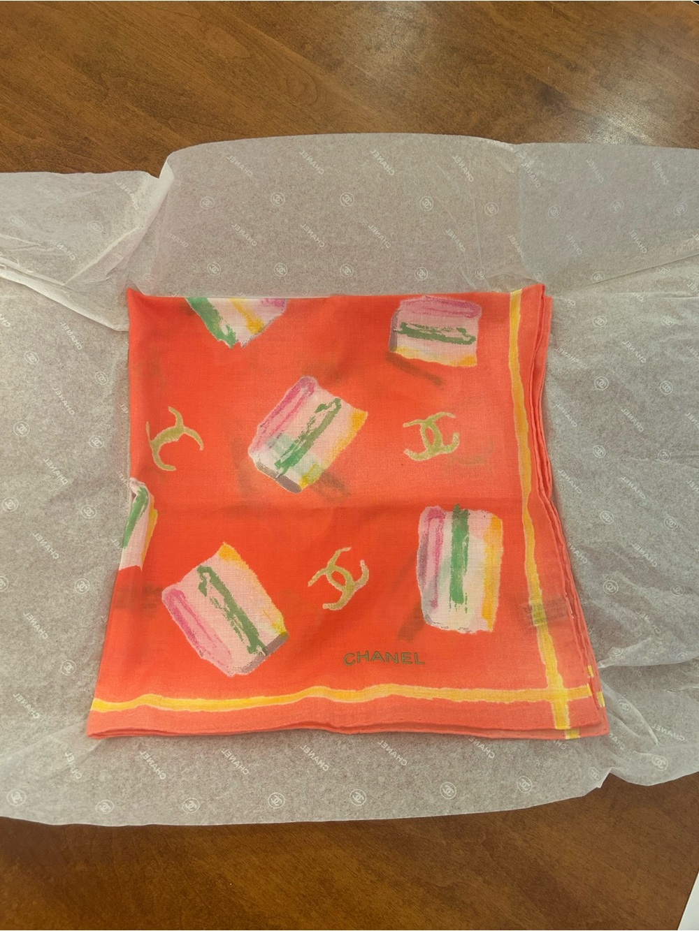 New CHANEL Coral Cotton Square Scarf with Multicolor Brushstroke and Yellow Trim